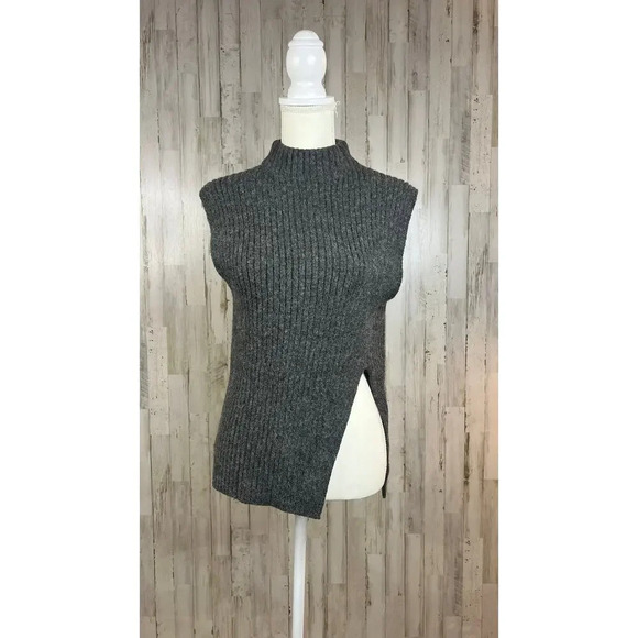 MNG Women's Small Dark Gray Sleeveless Ribbed Tunic Sweater High Neck Side Slits - Picture 2 of 6